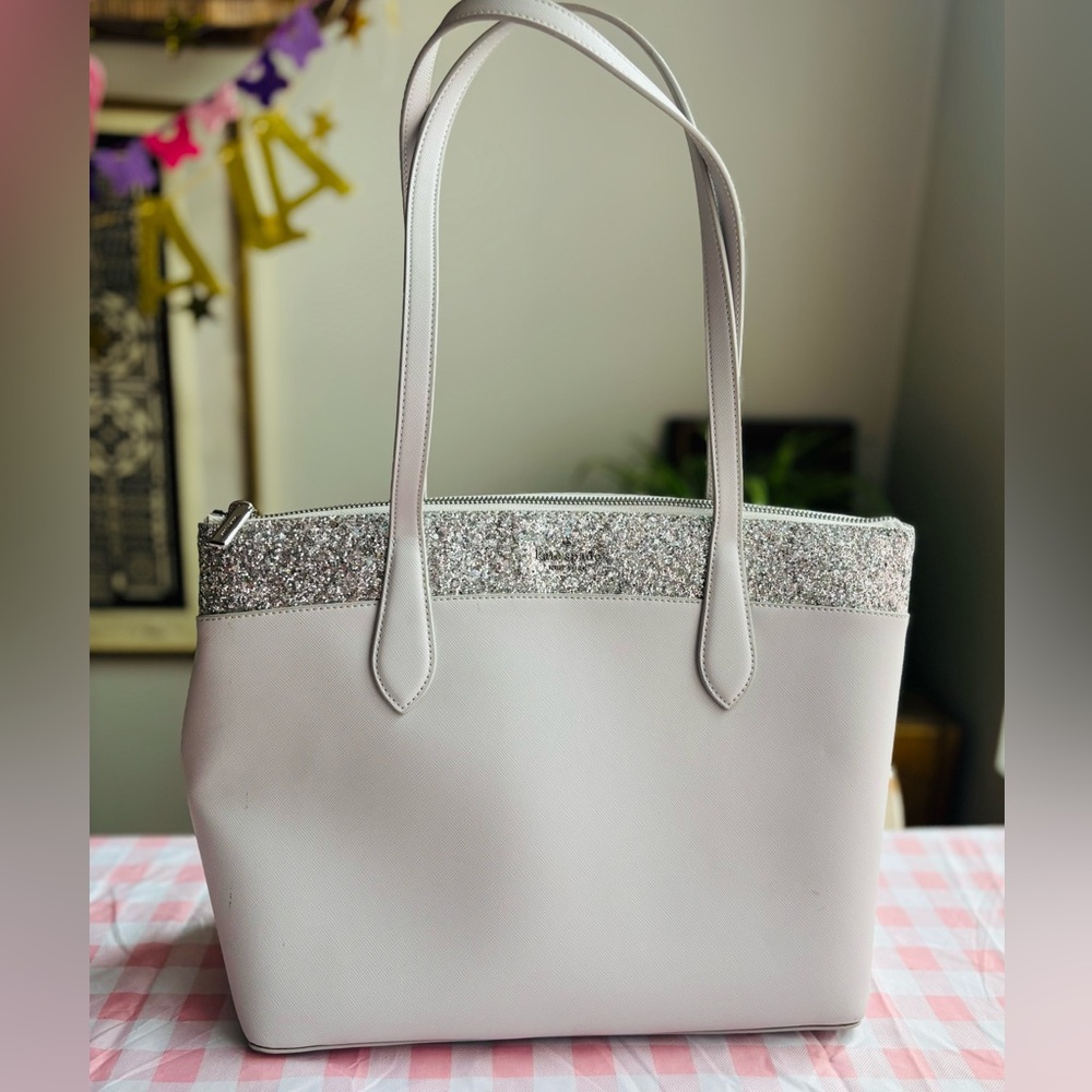 Kate Spade Silver Leather Shoulder Bag with Silver Glitter Trim